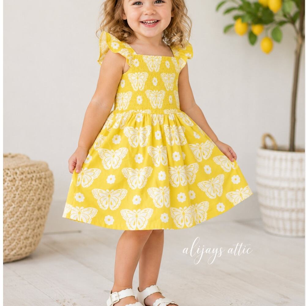 Mini Boden Butterfly Dress Girls 3-4 Yellow Smocked Flutter Sleeve NWT Cotton